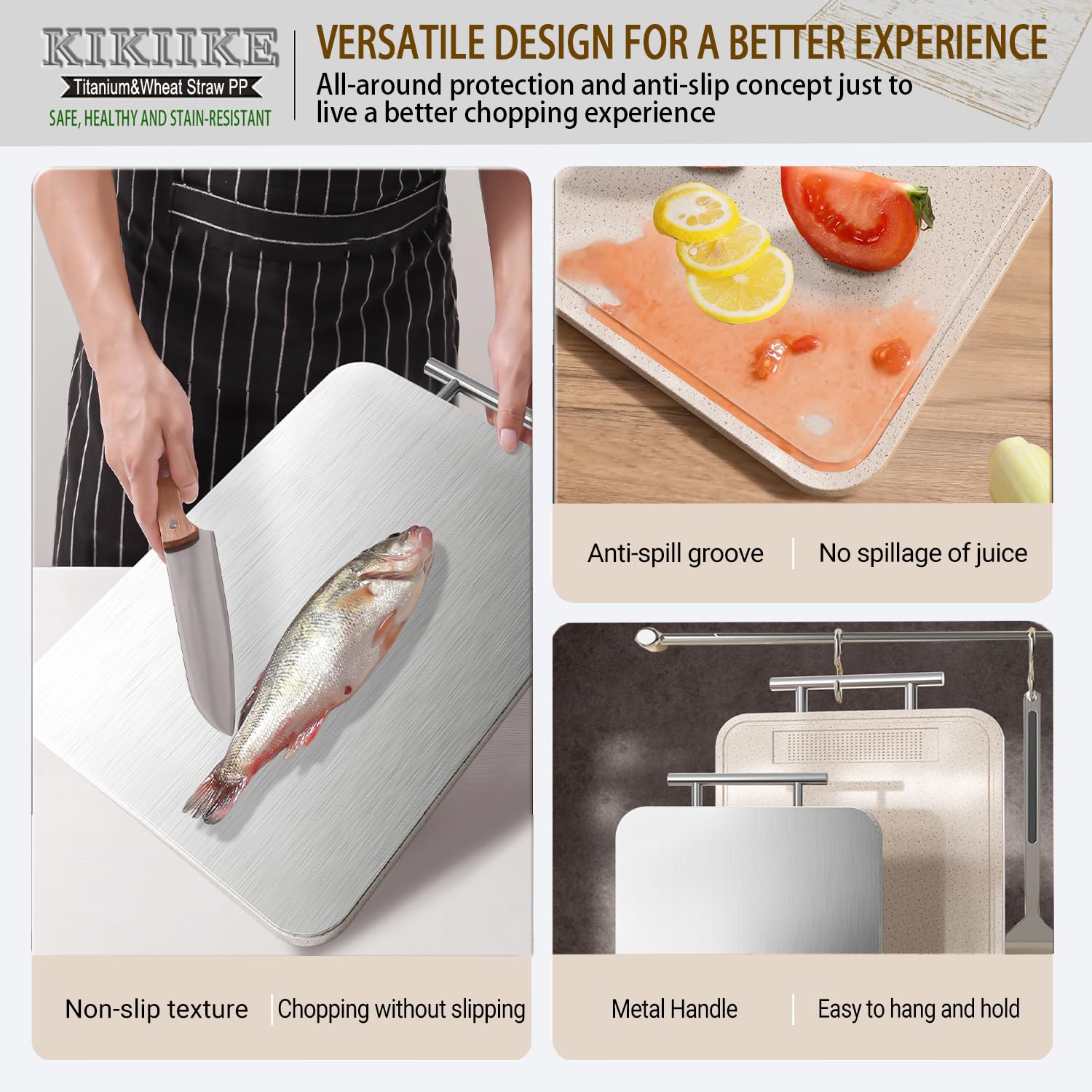 Titan-Schneidebrett, doppelseitig, reines Titan, Schneidebretter für Küche, reines Titan und Weizenstroh, PP, lebensmittelechtes Metall, leicht zu reinigen, große Größe